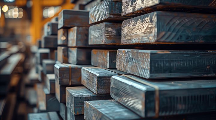 Stacks of structural steel beams at a construction warehouse