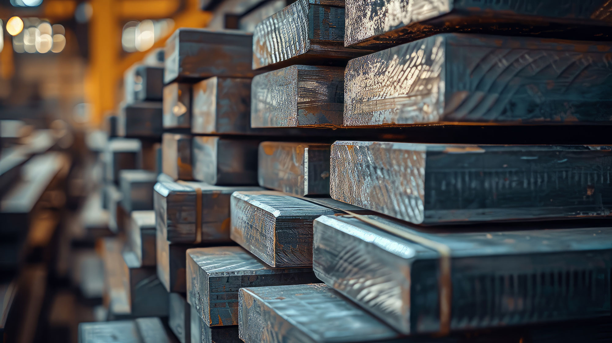 Stacks of structural steel beams at a construction warehouse