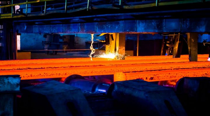 Steel products stacked in an international trading warehouse