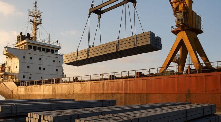 Steel billets being loaded onto a cargo ship at an industrial port during sunset